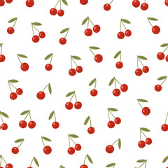 Cute summer pattern. Simple seamless texture with cherries on white background. Vector red berries illustration. Template for textile or wrapping paper. 