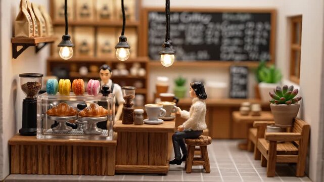 Video of tiny cafe model interior featuring mini figures and coffee bar setup, imaginative tabletop scene, hobby craftsmanship and lifestyle branding theme.