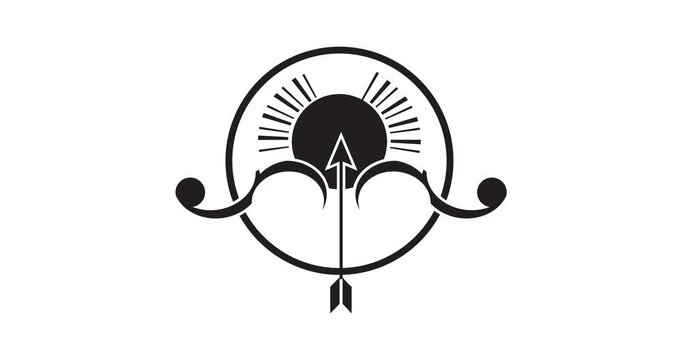 Witness the elegant animation of an archery bow and arrow with a rising sun emblem. This minimalist black-and-white graphic dynamically forms a symbolic target.