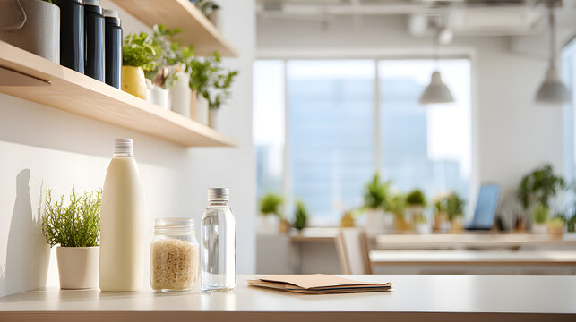 Office pantry refill wall with clean left copy bcb f a, pantry shelf with refill containers, natural light office kitchenette with plants