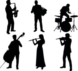 Silhouette of musical band people playing instruments, jazz orchestra with saxophone, drums, accordion, cello and flute © Sabina