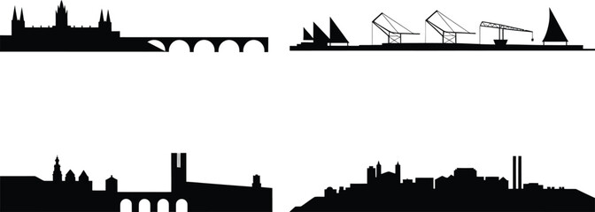 Obraz premium Collection of eight distinct black silhouette city skylines and famous structures vector art