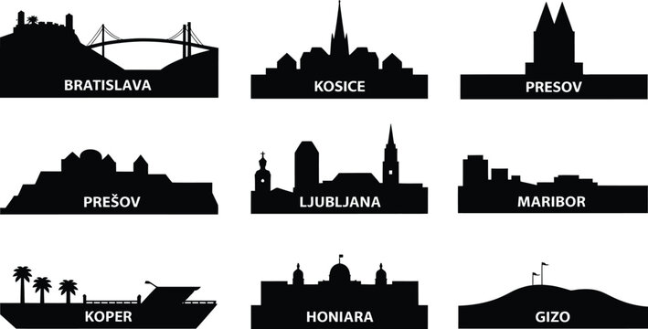 Bratislava Kosice Presov Ljubljana Maribor Koper Honiara Gizo vector cityscapes collection