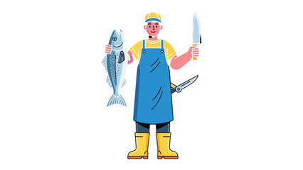 A Fishmonger's Display: A skilled fishmonger, wielding a knife, stands proudly with a fresh fish, poised to expertly prepare the day's catch, embodying the art of seafood.