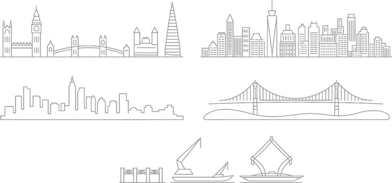 Famous world landmarks wireframe collection showing bridge outlines and city tower silhouettes