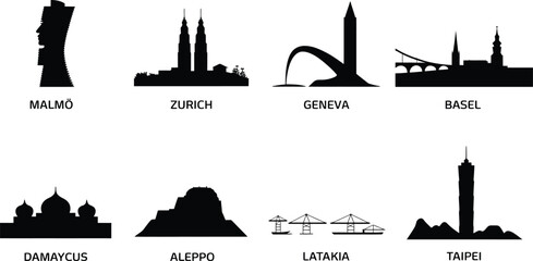 Naklejka premium International city skyline silhouettes including zurich geneva basel damascus and taipei vector