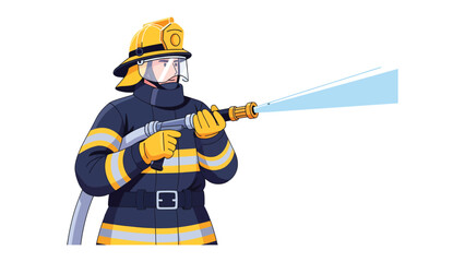 Brave Firefighter in Action: A heroic firefighter, clad in protective gear, stands firm as they wield a powerful hose, directing a stream of water with unwavering resolve. © Abu