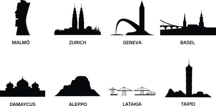International city skyline silhouettes including zurich geneva basel damascus and taipei vector
