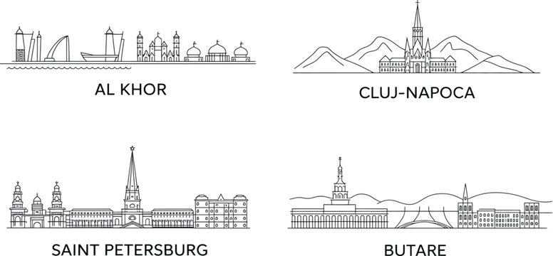 International city skylines of al khor cluj napoca saint petersburg and butare in linear style