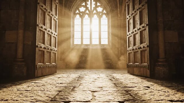 Video of church entrance doors opening to glowing interior light, faith and reflection background for inspirational storytelling.