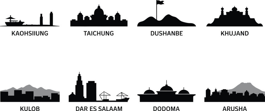Kaohsiung Taichung Dushanbe Khujand Kulob Dar es Salaam Dodoma Arusha vector cityscapes