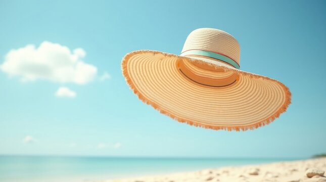 Sombrero de playa de lujo con ala ancha y ribete colorido, flotando sobre la playa de verano