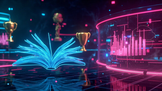 Neon educational concept, digital learning, glowing icons, books, trophies, data charts, floating in futuristic cyberspace, illustrating gamified learning, interactive knowledge, technology-driven edu