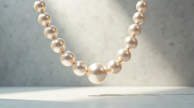 Collar de perlas de lujo flotando en el aire sobre un fondo gris suave, minimalista y elegante