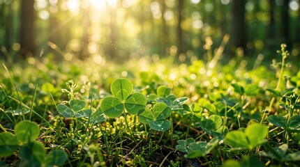 Obraz premium patrick's day macro shot of three-leaf clovers featuring translucent water droplets on their surface, set against a soft bokeh background of sun-drenched woods.