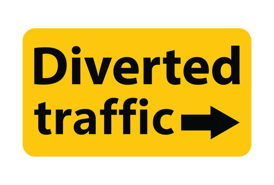 Diverted traffic sign on transparent background, temporary road warning with right arrow indicating detour