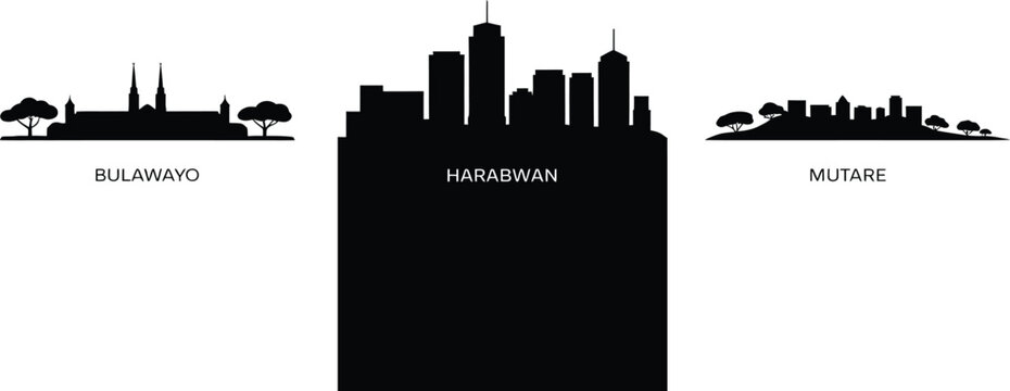 Set of black silhouettes vector skylines of zimbabwean cities bulawayo harabwan and mutare