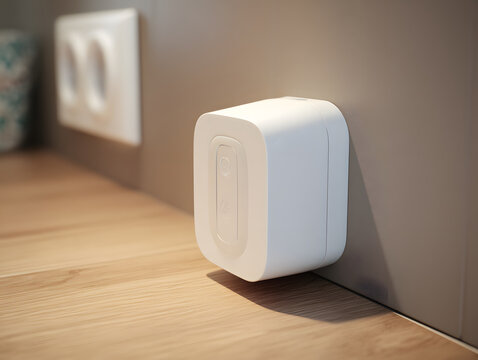 White smart plug adapter mounted on wall near countertop with neutral decor and soft lighting