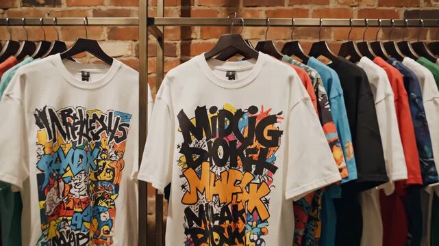 Video of urban fashion showroom wall featuring graphic streetwear collection, youth culture clothing display concept, trendy retail marketing background, minimalist industrial interior with exposed