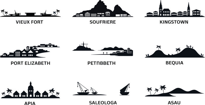 Vector silhouette set of caribbean port towns including kingstown and soufriere for web design