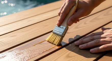 Close-up of a person's hands diligently applying a protective wood finish with a brush onto a new wooden deck surface, enhancing its natural beauty and durability next to a shimmering swimming pool