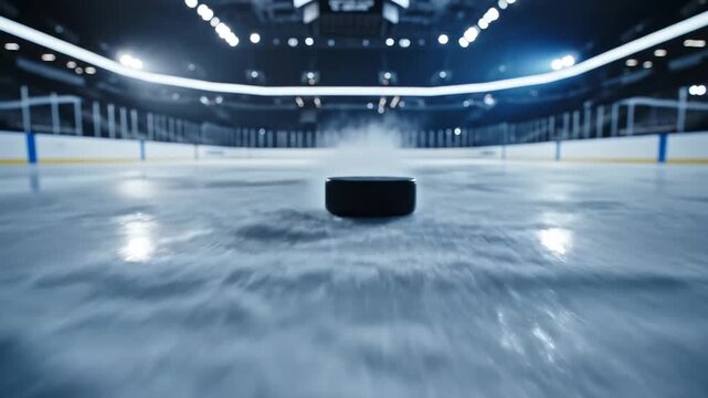 Video of hockey puck rapid glide on illuminated ice surface, professional sports equipment detail, athletic training theme and modern arena environment.