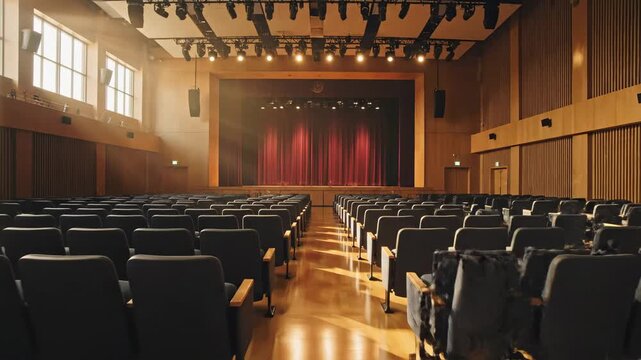 Video of empty school or conference assembly hall at sunrise with stage lights softly glowing, community event space, presentation backdrop concept, symmetrical seating rows leading toward modest