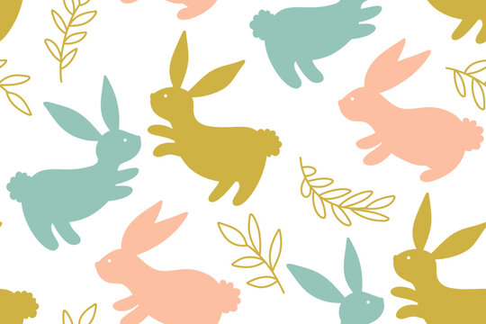 Seamless Easter pattern with colorful bunny silhouettes and spring leaves. Cheerful seasonal design perfect for wrapping paper, textiles, backgrounds, and festive spring projects.