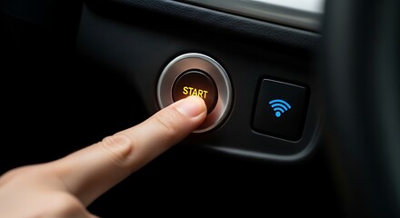 Naklejka premium Hand pressing car ignition start button with finger on modern vehicle dashboard