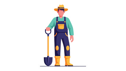 Farmer Standing with Shovel: A farmer in overalls and a straw hat stands with a shovel, ready for a day of work in the field. Representing hard work and a connection to the land. © Abu