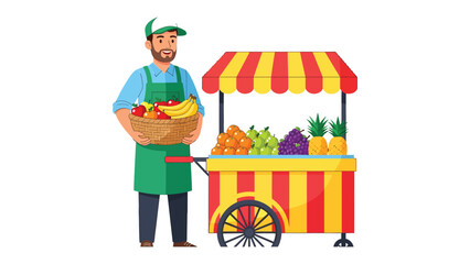 Fruit Seller's Bounty: A vibrant fruit seller stands proudly beside his colorful cart, overflowing with a variety of fresh, ripe produce, inviting customers to enjoy nature's sweetness. © Hasib