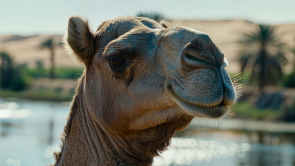 Close-up of a camel in desert landscape with sand dunes. Suitable for travel banners, tourism articles, educational materials, adventure advertising, and website design.
