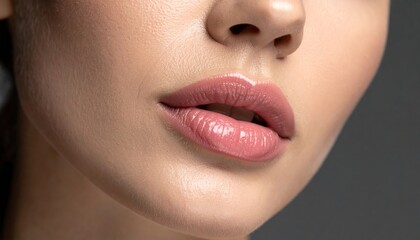Naklejka premium Womans Lips with Pink Lipstick Closeup.