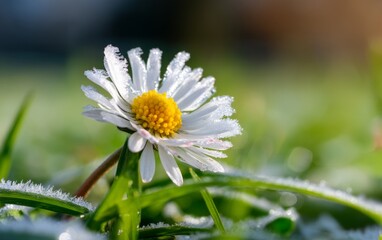 Obraz premium Frosty Daisy in Icy Meadow Surrounded by Blurred Nature Background