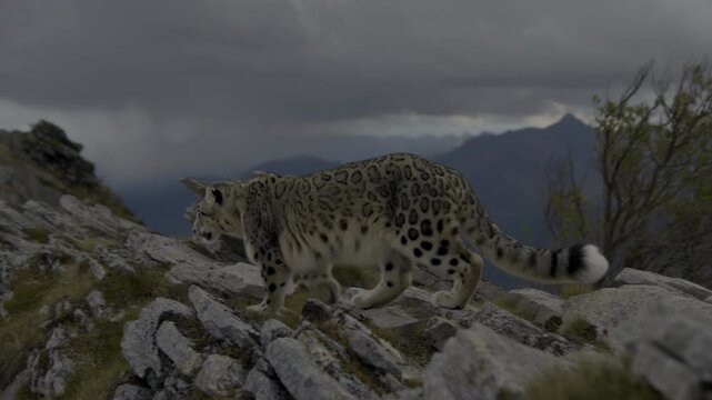 Cinematic Shot Of Mountain Snow Leopard Sliding Stealthily Over Lichened Rocks With Distant Peaks And Mist