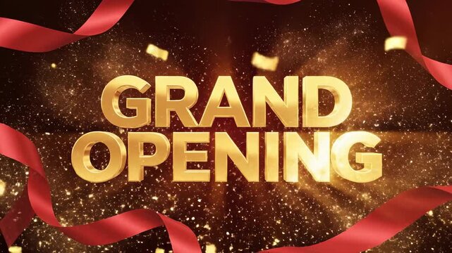 Video of Grand Opening Banner &ndash; Cinematic text animation, festive style, vibrant celebration intro for business launch, retail promotion, store announcement and marketing campaign, bold glowing
