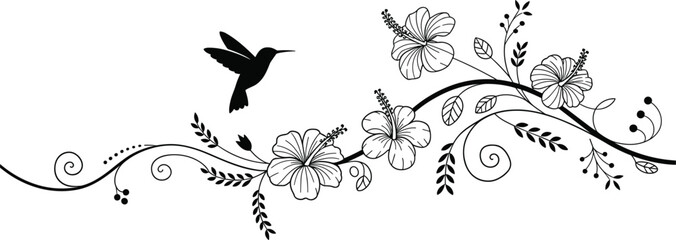 Beautiful hummingbird silhouette flying over tropical hibiscus flower branch decorative vector design © Masud