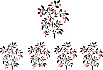 Decorative berry branch silhouettes with black leaves and red berries vector illustration set © Masud