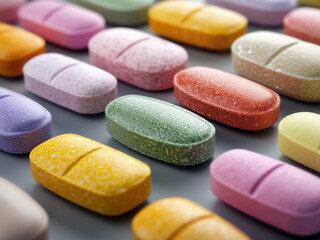 Close up of various colorful medical capsules and tablets scattered on a reflective metallic surface. Pharmaceutical industry, healthcare treatment and medication concept with shallow depth of field.