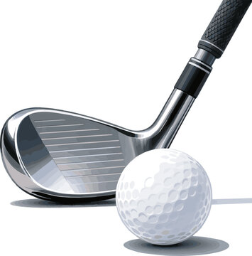 Create a realistic Golf club and ball vector art with white background.