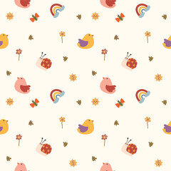 Bird cartoon so cute. On snail butterfly rainbow cloud leaf sun background. Pattern seamless vector illustration © Therdsak