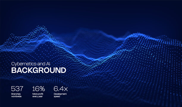 Abstract cyber ai background digital design with wireframe landscape grid dots. 3D mountain and futuristic technology topographic big data concept. 