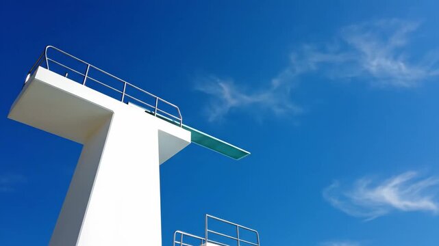 Video of diving platform shot with minimal structure against open sky background, clean architectural geometry and summer leisure concept.