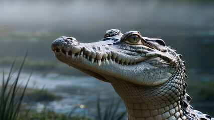 Obraz premium Close-up of crocodile in tropical river or swamp habitat. Suitable for wildlife banners, nature articles, educational materials, adventure tourism, and website design. 