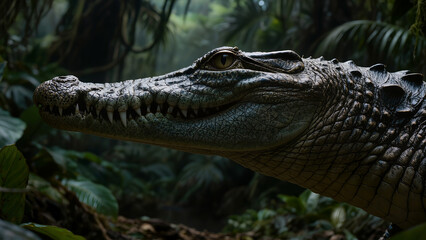 Obraz premium Close-up of crocodile in tropical river or swamp habitat. Suitable for wildlife banners, nature articles, educational materials, adventure tourism, and website design. 