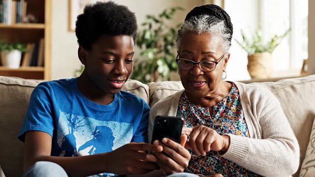 Grandmother and grandson bonding over smartphone in living room setting