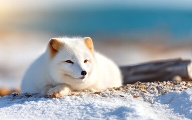 Fototapeta premium Serene Arctic Fox Resting on Soft Snow in Beautiful Winter Landscape