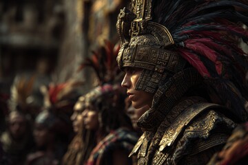 Ancient Warrior in Elaborate Armor Amidst Ceremony, Embodied in Historical Grandeur