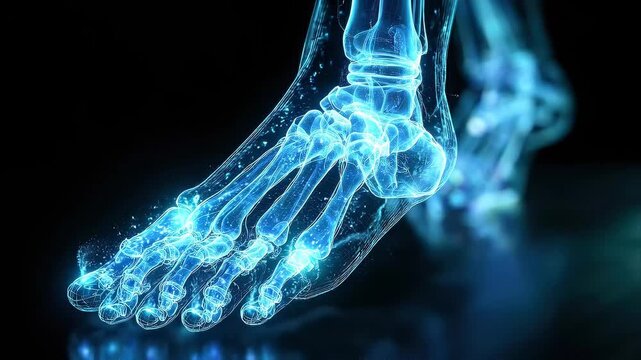 3D rendered X-ray visualization of human foot and ankle bones, volumetric glowing skeleton floating in dark space, blue and cyan luminescent tones
