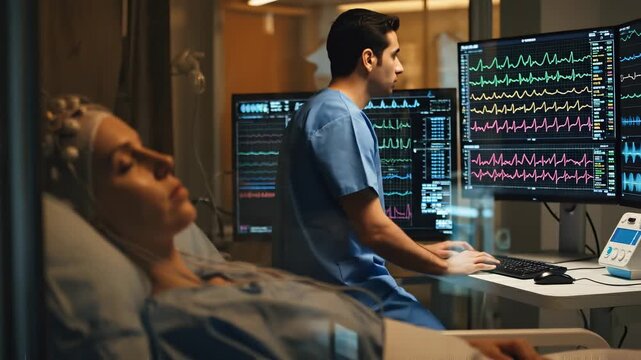 A patient sleeping peacefully in a modern sleep diagnostic center with multiple EEG and polysomnography sensors attached, technician monitoring brainwave data on screens in background 